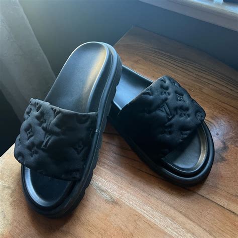 louis vuitton black sliders|Louis Vuitton fluffy slides.